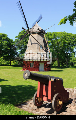 Cannon with windmill 1847 on King's Bastion in the Kastellet or Frederikshavn Citadel. Copenhagen, Zealand, Denmark