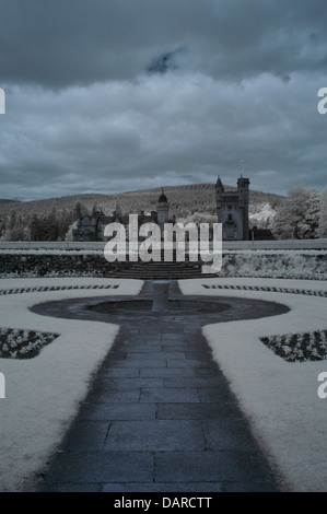 Vertical Infrared image of Balmoral Castle, Scotland with extensive garden grounds in front Stock Photo