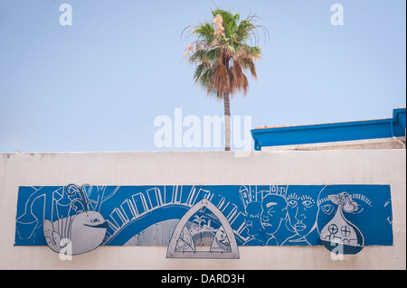 Israel Jaffa Yafo Old City mural wall art painting The Church of Scotland Tabeetha School founded 1863 as mixed faith girls now coed Stock Photo