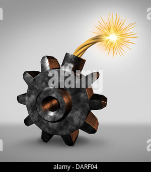 Business time bomb concept with an explosive device in the shape of a gear wheel or cog with a lit burning fuse and fire sparks Stock Photo