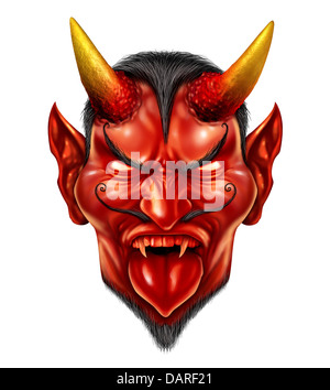 Devil demon halloween monster character with a devilish evil grin as a spooky hot and spicy concept with a red skin horned beast creature and dangerous fangs on a white background. Stock Photo