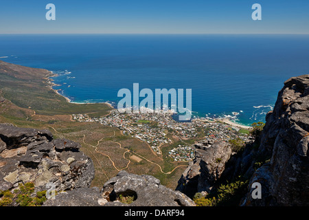 view from Table Mountain Onto Camps Bay, Cape Town, Western Cape, South Africa Stock Photo