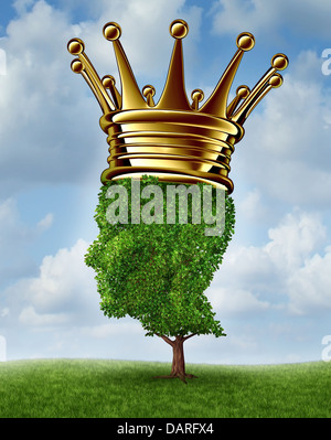 Environmental Leadership concept with a tree in the shape of a human head wearing a gold crown as an award for being a leader for conservation and the protection of the environment on a summer sky background.green,responsability, Stock Photo