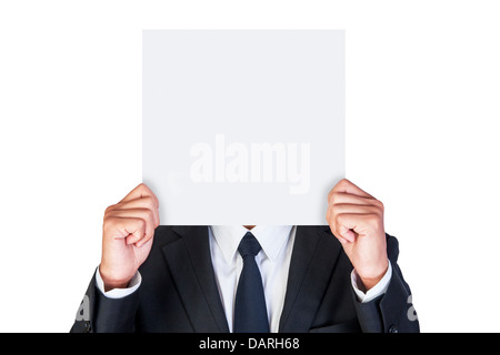 Businessman holding blank paper isolated on white background with clipping path Stock Photo
