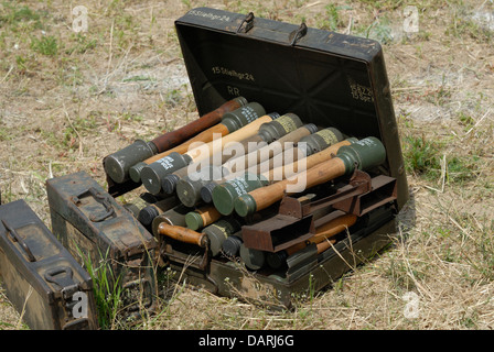 German WW2 hand grenades in box. War and Peace Revival, July 2013. Folkestone Racecourse, Kent, England, UK. Stock Photo