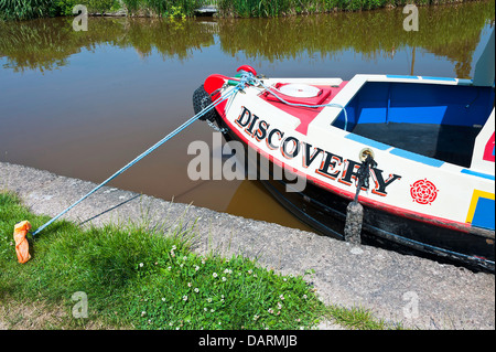 Bow of Narrow Boat Discovery Moored on Trent and Mersey Canal at Rode Heath Cheshie England United Kingdom UK Stock Photo