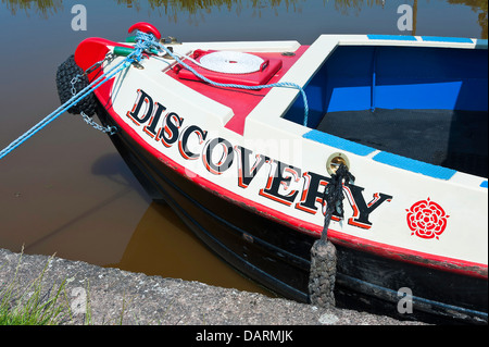 Bow of Narrow Boat Discovery Moored on Trent and Mersey Canal at Rode Heath Cheshie England United Kingdom UK Stock Photo