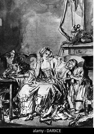 food, coffee, 'The coffee' (Le cafe), by  Jean-Baptiste Greuze (1725 - 1805), red chalk drawing, 18th century, Additional-Rights-Clearences-Not Available Stock Photo