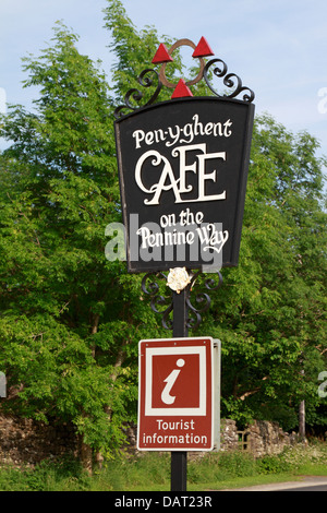 Pen-y-ghent cafe sign and tourist information sign, Horton in Ribblesdale, North Yorkshire, Yorkshire Dales National Park, England, UK. Stock Photo