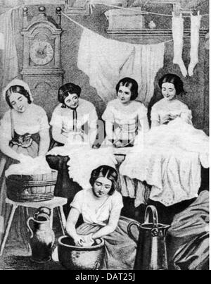 household, washing, laundresses, wood engraving, 1873, Additional-Rights-Clearences-Not Available Stock Photo