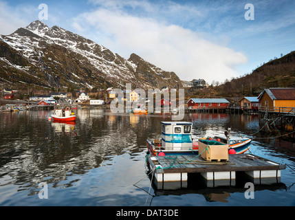 The pretty harbour at Mosknes on the Lofoten Islands, Norway with Merraflestinden in the background Stock Photo