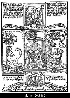 literature, Bible, biblia pauperum, woodcut with annunciation, print: Johannes Gutenberg (circa 1400 - 1468), 1462, Additional-Rights-Clearences-Not Available Stock Photo