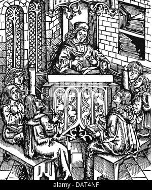 pedagogy, university, professor of medicine during a lecture, woodcut, Hieronymus Brunschwig: 'Liber de arte Distillandi de Compositis', printed by Hans Grueninger, Strasbourg, 1512, Additional-Rights-Clearences-Not Available Stock Photo