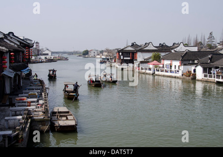 China, outskirts of Shanghai. Zhujiajiao. Overview of river village with traditional wooden boats. Stock Photo