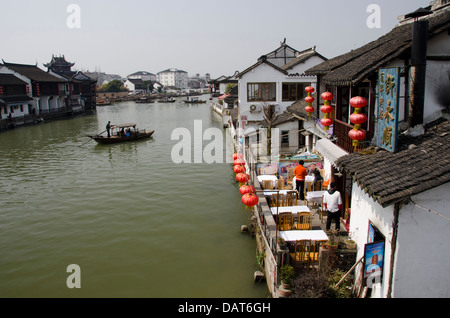 China, outskirts of Shanghai. Zhujiajiao. Overview of river village with traditional wooden boats. Stock Photo
