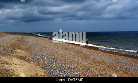 Man dipping toe in the North Sea near Cley next the Sea, Norfolk, GB.  Looking west towards Blakeney Point. Stock Photo