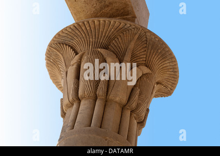 Column capital against blue sky at the Temple of Isis at Philae, Aglika Island, Aswan Upper Egypt Stock Photo