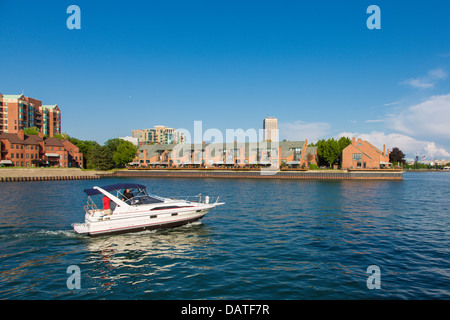 Erie Basin Marina on Lake Erie with city of Buffalo skyline in background Stock Photo