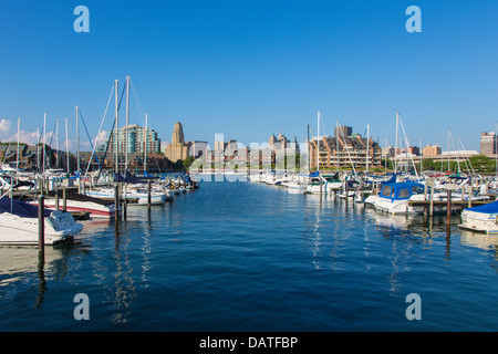 Erie Basin Marina on Lake Erie with city of Buffalo skyline in background Stock Photo