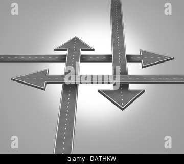 Choosing direction business concept with a group of roads in the shape of arrows that are pointing in many opposite directions as an icon of journey confusion and planning strategy decision stress. Stock Photo
