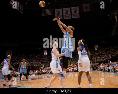 Newark, New Jersey, USA. 18th July, 2013. July 18 2013: Sky's forward Elena Delle Donne (11) shoots over Liberty's guard Katie Smith (30) in the second half during WNBA action at the Prudential Center in Newark, New Jersey between the New York Liberty and the Chicago Sky. The Chicago Sky defeated the New York Liberty 74-53. © csm/Alamy Live News Stock Photo