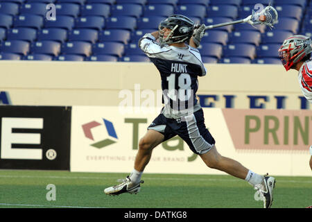 July 18, 2013 - Annapolis, Maryland, United States - July 18, 2013: Chesapeake Bayhawks #18 Ben Hunt fires a shot on goal at Navy-Marine Corps Memorial Stadium, in Annapolis, Maryland. Daniel Kucin Jr./ CSM Stock Photo