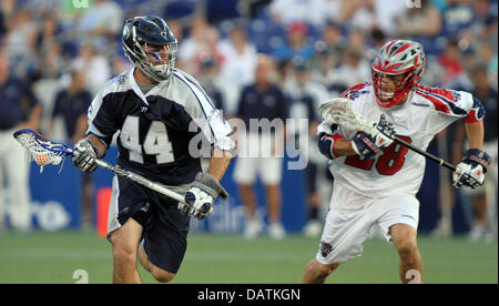 July 18, 2013 - Annapolis, Maryland, United States - July 18, 2013: Chesapeake Bayhawks #44 Steven Brooks looks to score past Boston Cannon's #28 Brent Adams at Navy-Marine Corps Memorial Stadium, in Annapolis, Maryland. Daniel Kucin Jr./ CSM Stock Photo