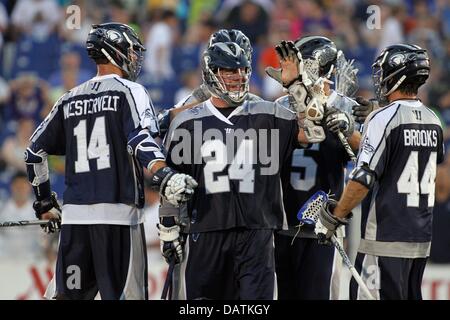 July 18, 2013 - Annapolis, Maryland, United States - July 18, 2013: Chesapeake Bayhawks #24 John Grant Jr.celebrates with his teammates after scoring an early goal at Navy-Marine Corps Memorial Stadium, in Annapolis, Maryland. Daniel Kucin Jr./ CSM Stock Photo