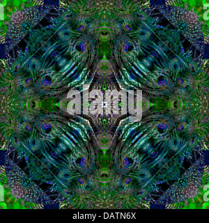 Digitally manipulated abstract square image of a peacock.which results in a stunning symmetrical kaleidoscope of blue and greens Stock Photo