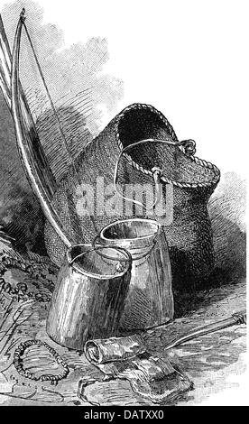 geography / travel, Argentina, Tierra del Fuego, people, native, equipment of the natives, wood engraving, 19th century, bow and arrow, knife, knives, basket, baskets, necklace, necklaces, bucket, buckets, vessel, vessels, historic, historical, pail, pails, Additional-Rights-Clearences-Not Available Stock Photo