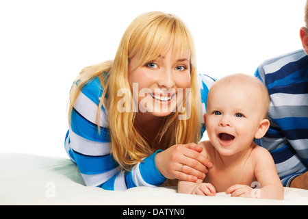 Cute laughing excited little baby boy and smiling mother Stock Photo