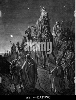 religion, biblical scenes, the Three Kings, wood engraving to the Bible by Gustave Doré, 1866, Artist's Copyright has not to be cleared Stock Photo