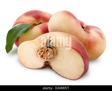 ripe fig peach with half and leaves isolated on white background Stock Photo
