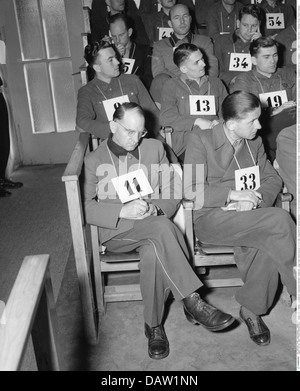 justice, trials, Malmedy massacre trial, Dachau, Germany, 1946, defendants, members of the 1st SS Panzer Division 'Leibstandarte Adolf Hitler', in front left (No. 11): Joseph 'Sepp' Dietrich, 16.7.1946, Additional-Rights-Clearences-Not Available Stock Photo