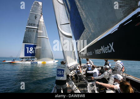 German yacht GER 89 (L) races sister yacht GER 72 off the shores of Valencia, Spain, Tuesday, 13 March 2007. Team Germany has presented its A-team for the final America's Cup pre race from 3rd to 6th April 2007. Photo: Maurizio Gambarini Stock Photo