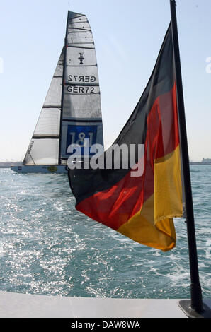 German yacht GER 89 (front) races her sister yacht GER 72 off the shores of Valencia, Spain, Tuesday, 13 March 2007. Team Germany has presented its A-team for the final America's Cup pre race from 3rd to 6th April 2007. Photo: Maurizio Gambarini Stock Photo