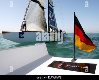 German yacht GER 89 (front, Team Germany 1) races her sister yacht GER 72 off the shores of Valencia, Spain, Tuesday, 13 March 2007. Team Germany has presented its A-team for the final America's Cup pre race from 3rd to 6th April 2007. Photo: Maurizio Gambarini Stock Photo