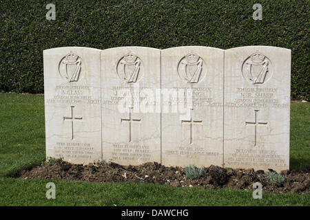 The photo shows four grave stones of Irish soldiers at the Moro River Canadian War Cemetery in Ortona, Italy, Saturday, 24 March 2007. The battle of Ortona on the German 'Gustav' defence line in October 1943 was one of the most important battles the Canadian army fought in WWII. Photo: Lars Halbauer Stock Photo