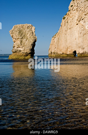 A chalk sea stack and new archway within the cliffs, on part of Dorset's Jurassic Coastline.