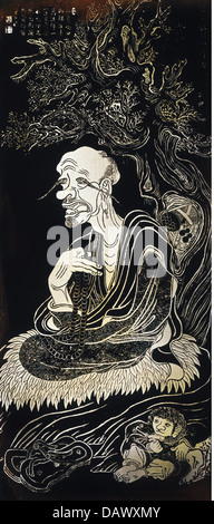 fine arts, China, 9th Arhat, brass rubbing after painting of the 16 Arhat by Guan Hsiu, height: 112 cm, 11th century / 12th century, Museum Hantshou, Tche-King, Artist's Copyright has not to be cleared Stock Photo