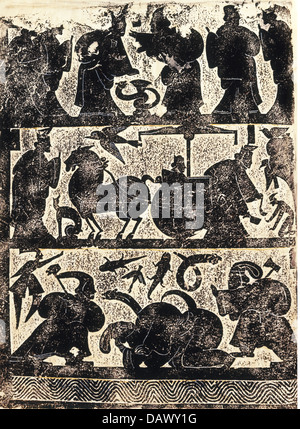 fine arts, China, brass rubbing, wall of the funerary chamber of the Vu family in Shandong, fight with the giant snake and royal scenes, British Museum London, Artist's Copyright has not to be cleared Stock Photo
