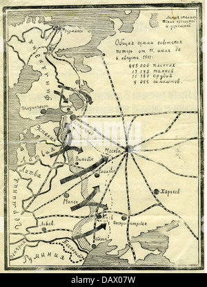 events, Second World War / WWII, propaganda, German flyer, addressed to Soviet soldiers, recto: map showing the advance of the German Wehrmacht into Russia, August 1941, Additional-Rights-Clearences-Not Available Stock Photo