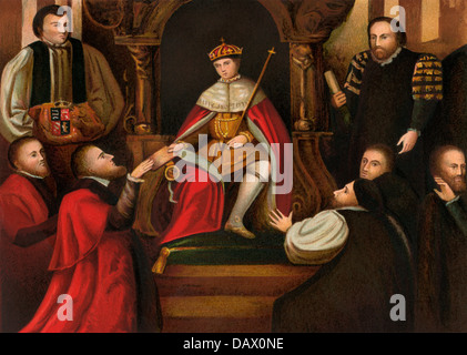 King of England Edward VI confirming his father's gift of Christ's Hospital to the city of London. Color lithograph Stock Photo