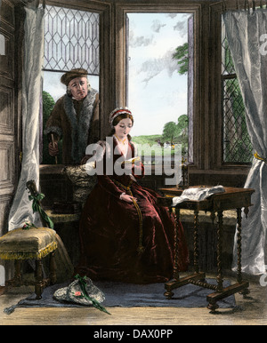 Tutor Roger Ascham calling on Lady Jane Grey at Bradgate Park, 1550. Hand-colored engraving Stock Photo