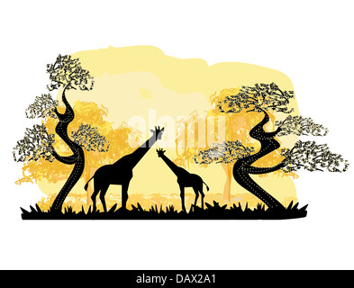 Two giraffes silhouette, with jungle landscape Stock Photo