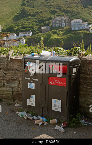 Full Litter bins at Port Isaac North Cornwall UK A popular holiday resort Stock Photo