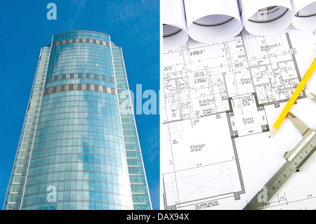 building and blueprints, business collage Stock Photo