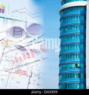 building and blueprints, business collage Stock Photo