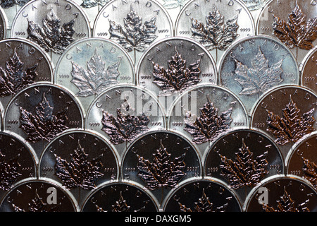 Many silver bullion coins from Canada, .9999 pure troy ounce of silver Canadian Maple Leaf investment grade previous metal money Stock Photo