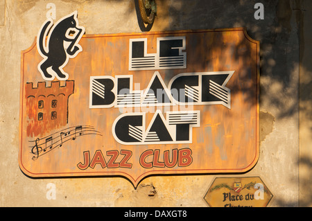 Le Black Cat jazz club sign in Haut de Cagnes French medieval hilltop village  near Nice Stock Photo